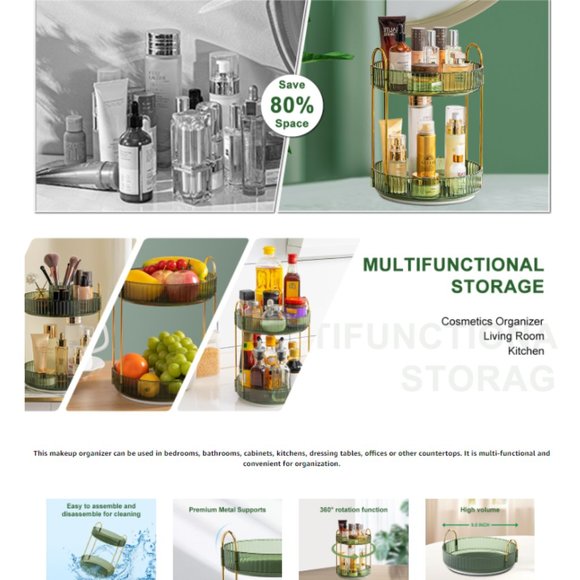 2 Tiers - 360° Turntable Makeup Organizer - Lazy Susan Cosmetics Storage - Picture 8 of 9